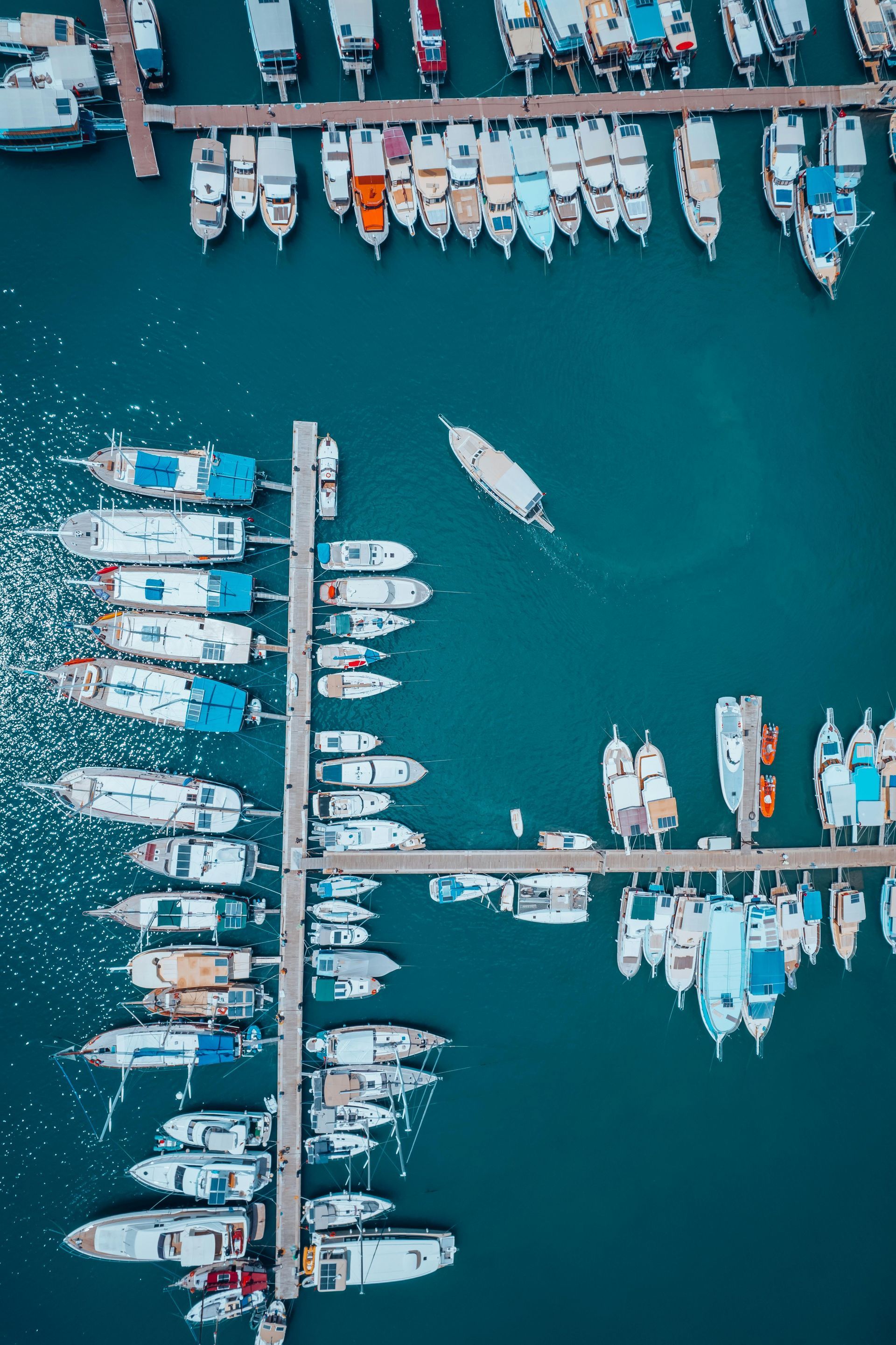 An aerial view of boats docked at a marina