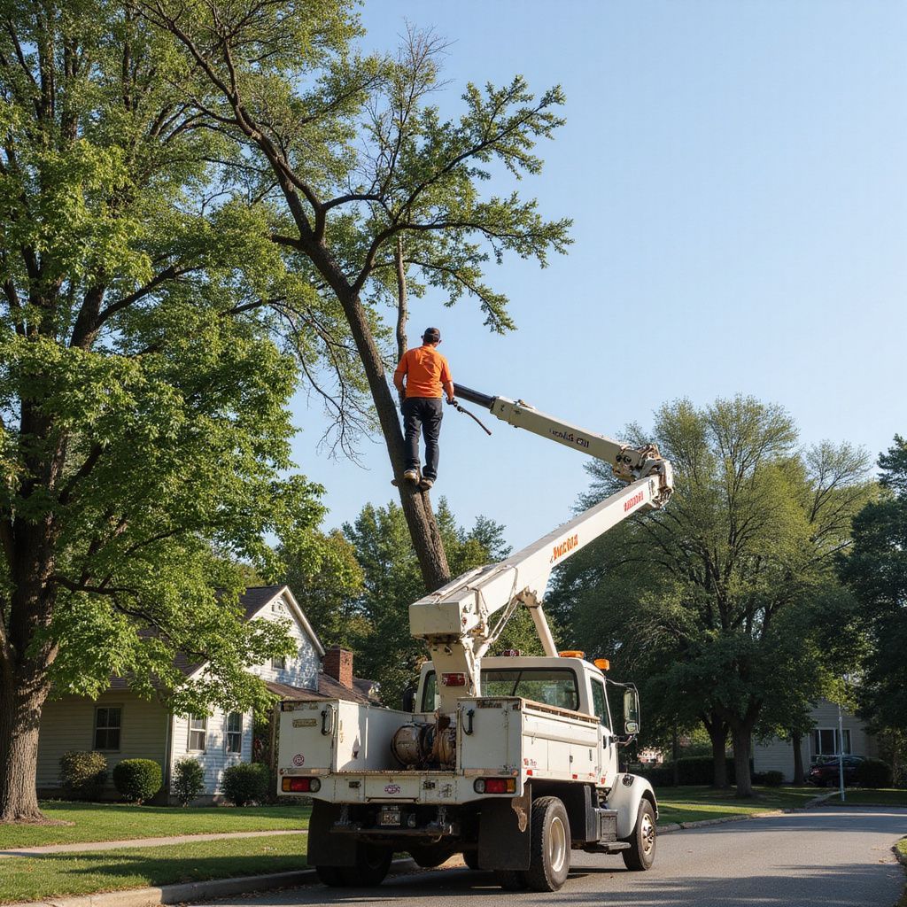 A worker in an orange shirt is trimming a tree from a lift truck on a residential street.
