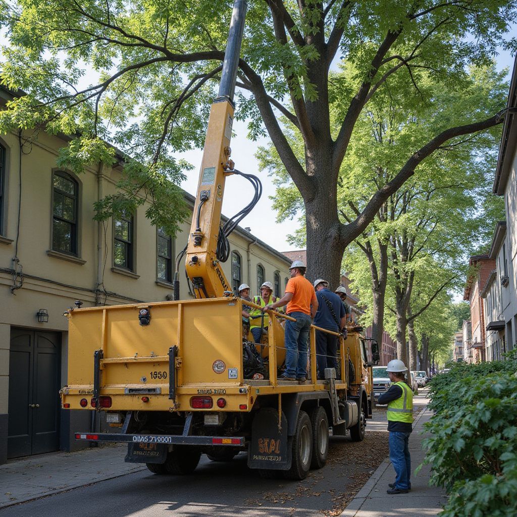 Yellow truck with boom trimming a tree on a city street. Workers in hard hats and vests.