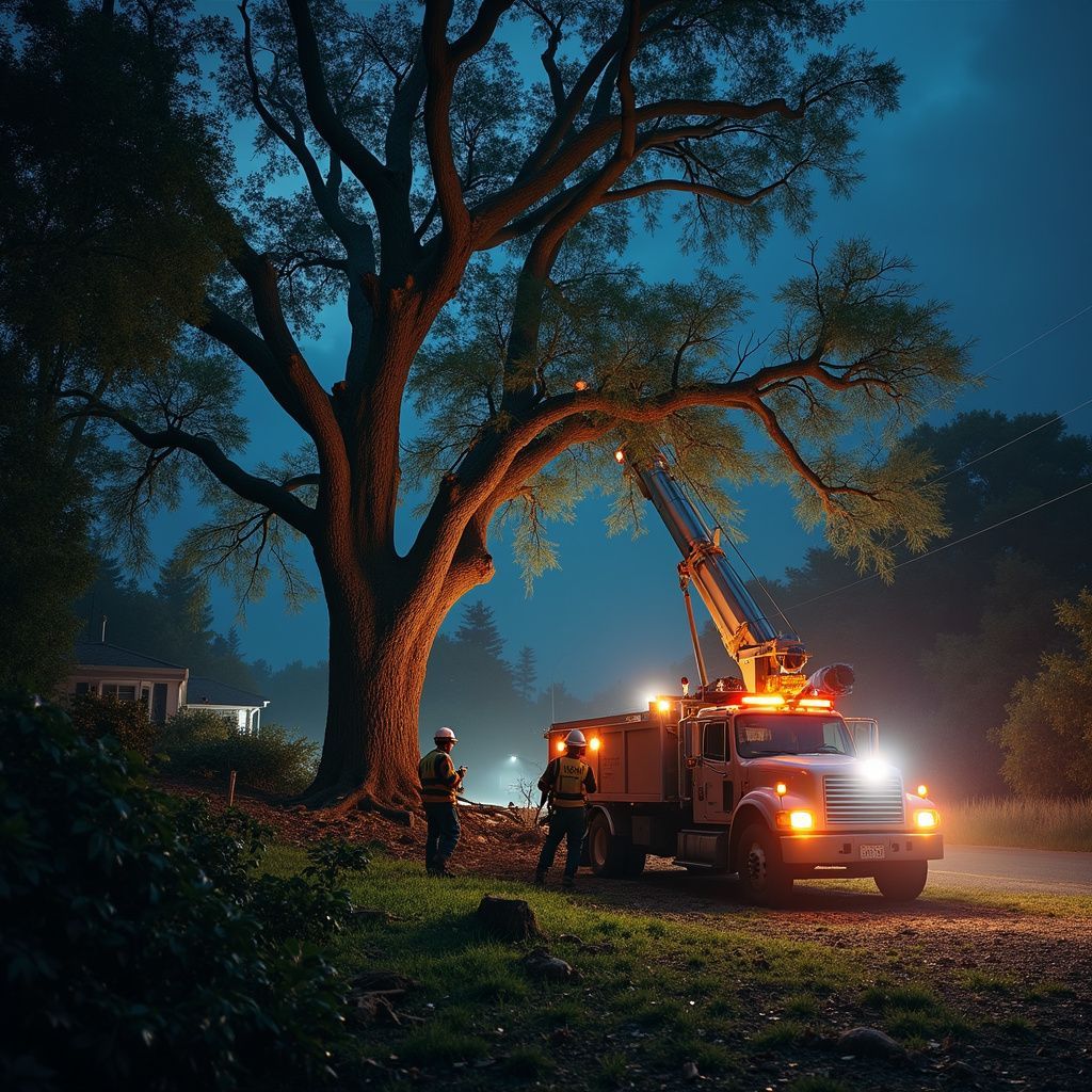 Utility truck under tree at night with workers; lights on.