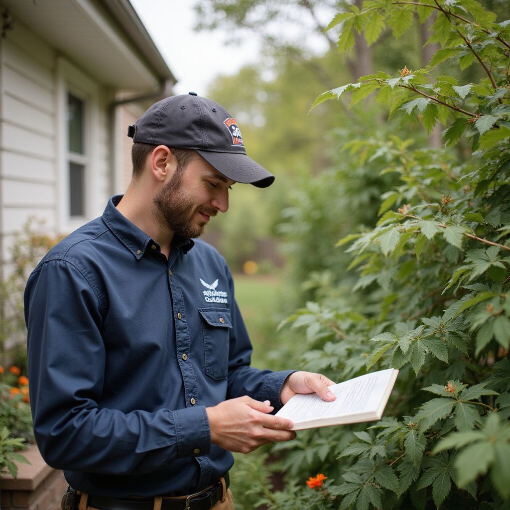 Man in uniform examining a book near a house and bushes.