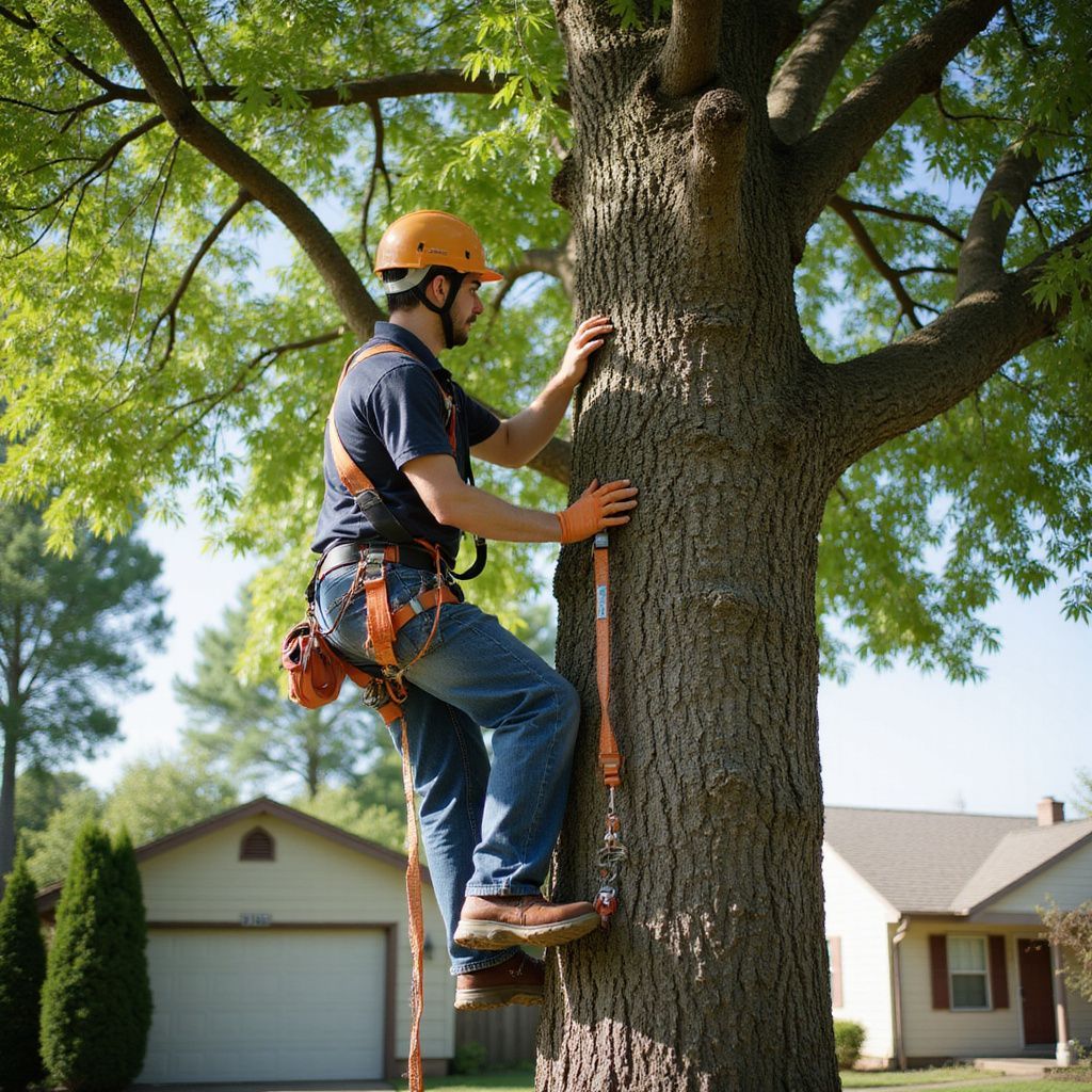 Arborist in safety gear climbing a tree in a residential yard.