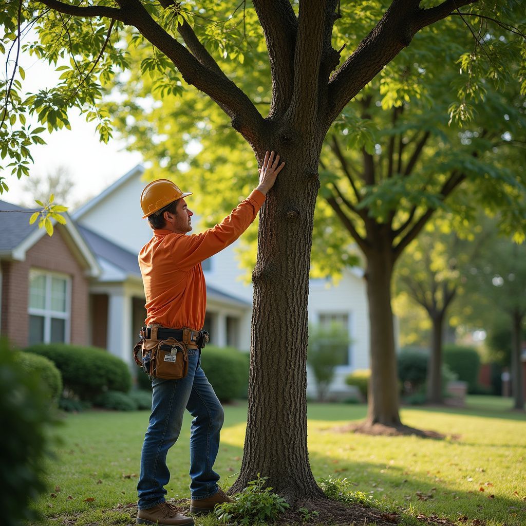 Arborist in orange shirt and hard hat examines tree trunk in residential yard.