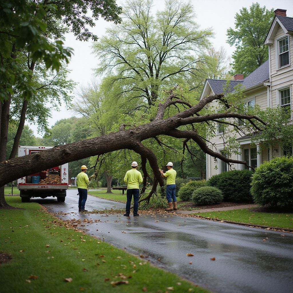 Tree crew removing a fallen tree from a residential street.