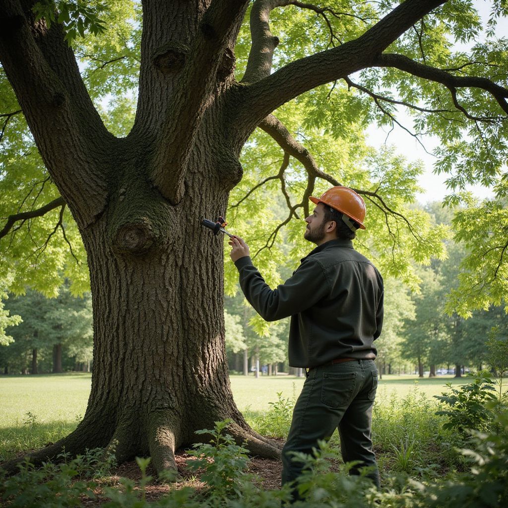 Arborist examines large tree, wearing a hard hat, in a sunny park setting.