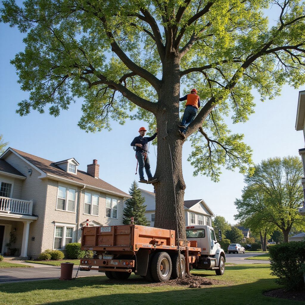 Two tree service workers trim a large tree in a residential area. A truck with a dump bed is parked below.