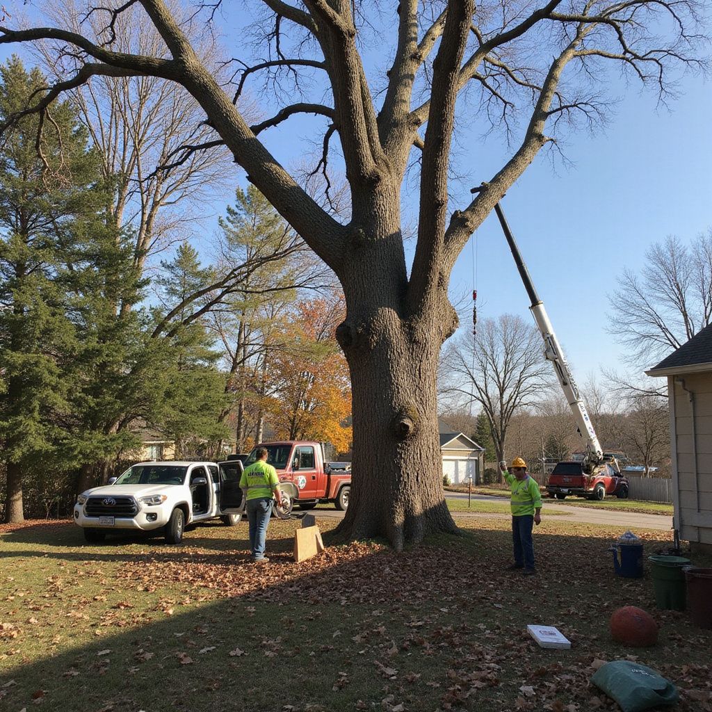 Tree removal crew working on a large tree in a yard; vehicles, crane, and workers with safety vests are present.