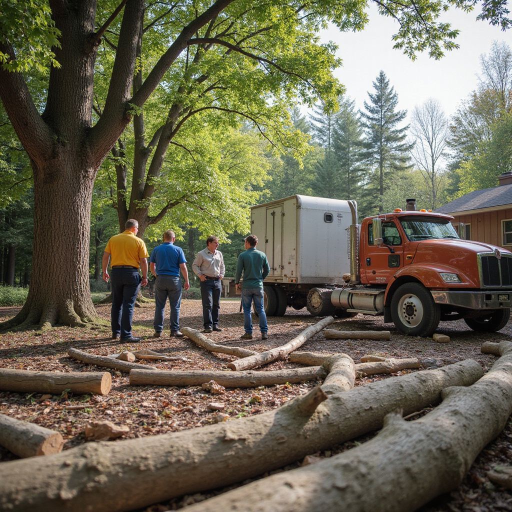 Men stand near an orange truck with a white container, logs, and a wooded area.
