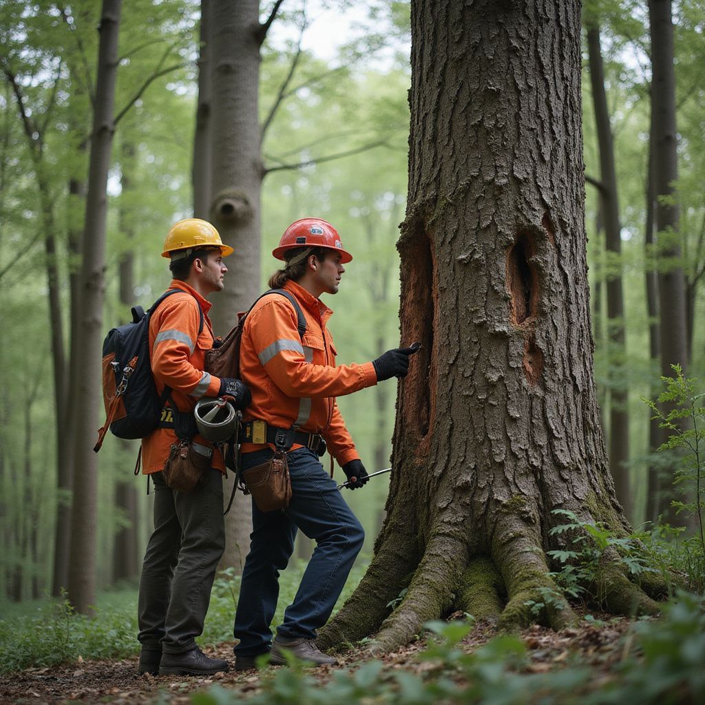 Two arborists inspect a tree in a forest, one pointing to a cavity. Both wear orange safety gear.