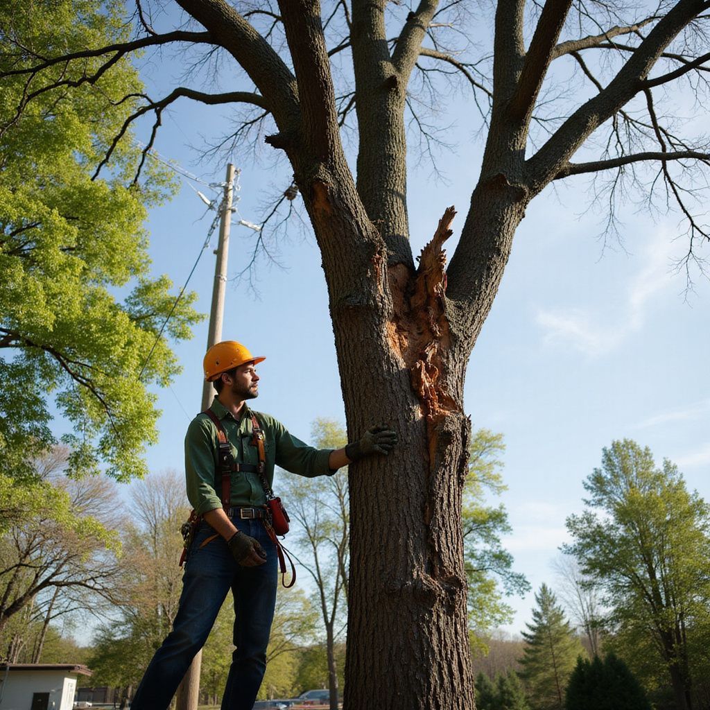 Arborist wearing a hard hat, inspecting a tree with significant damage, under a bright blue sky.