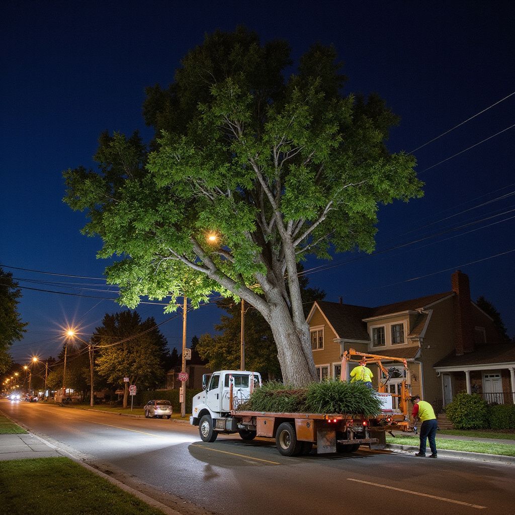 Tree being transported on a flatbed truck at night; two workers in vests near a residential street.