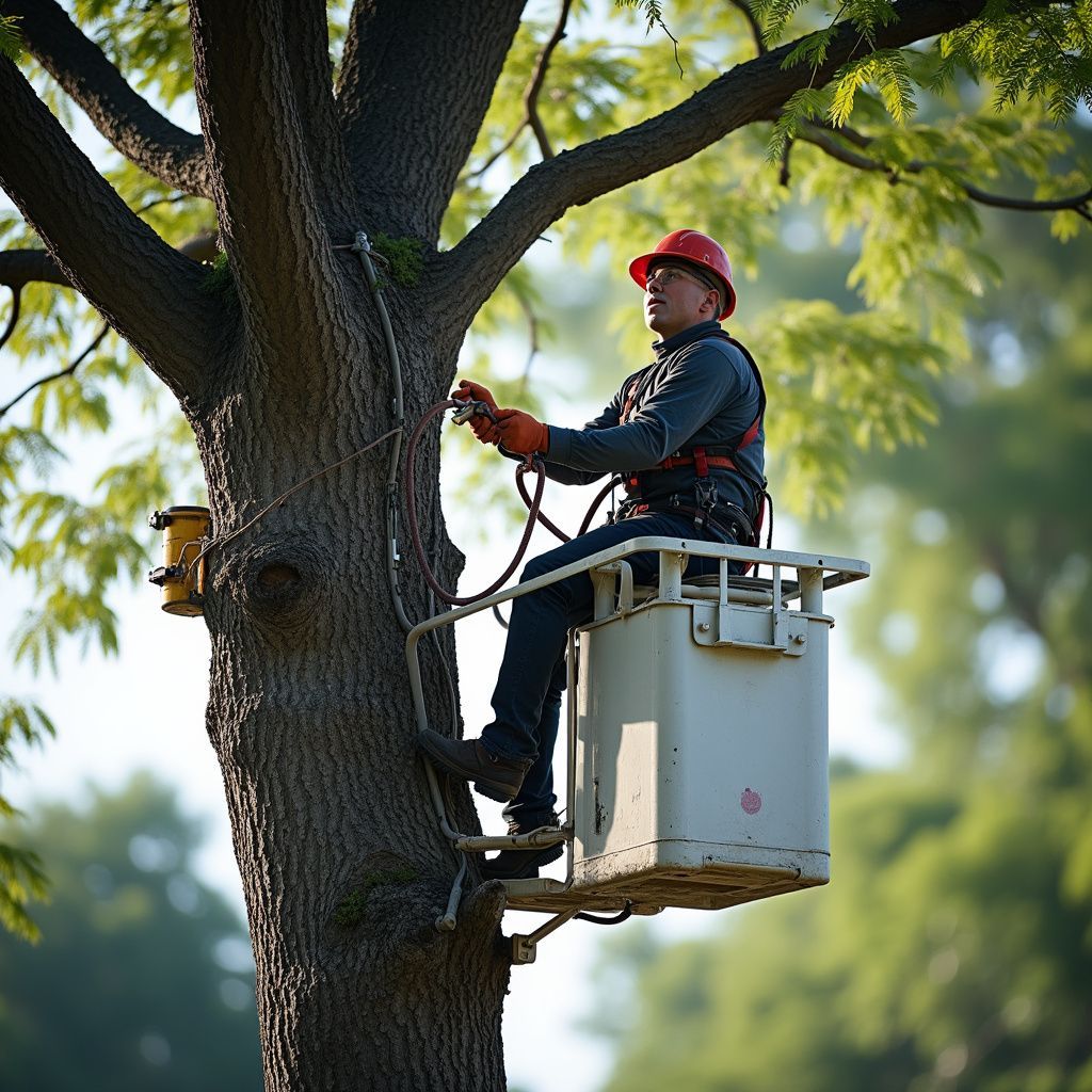 Tree worker in a bucket lift, trimming branches, wearing a hard hat and safety harness.