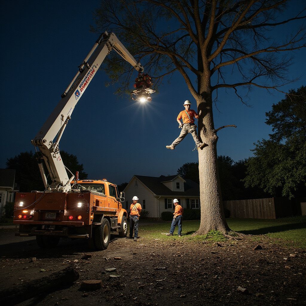 Tree trimmers working at night, using a boom truck with spotlights. Men in hard hats, one up the tree.