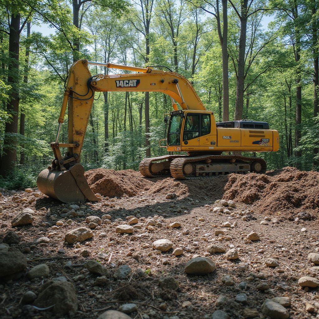Yellow excavator digging in a forest clearing; dirt and rocks surround it.