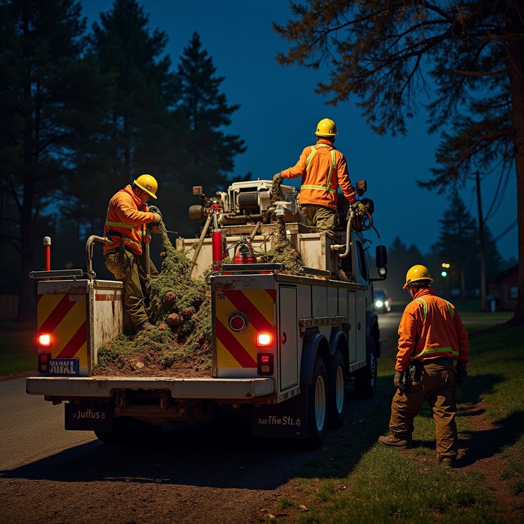 Utility workers unloading tree branches from a truck on a dark road.