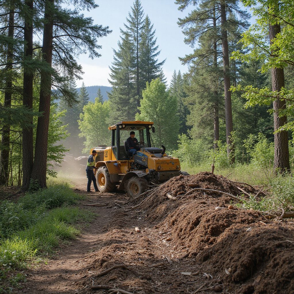 Yellow tractor moving mulch in a forest; two people nearby.