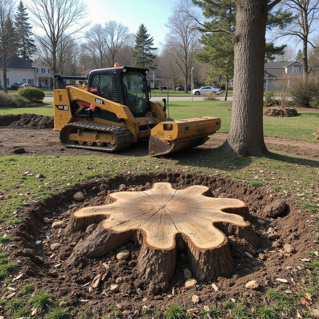 A skid steer loader near a large tree stump, surrounded by dirt and grass.