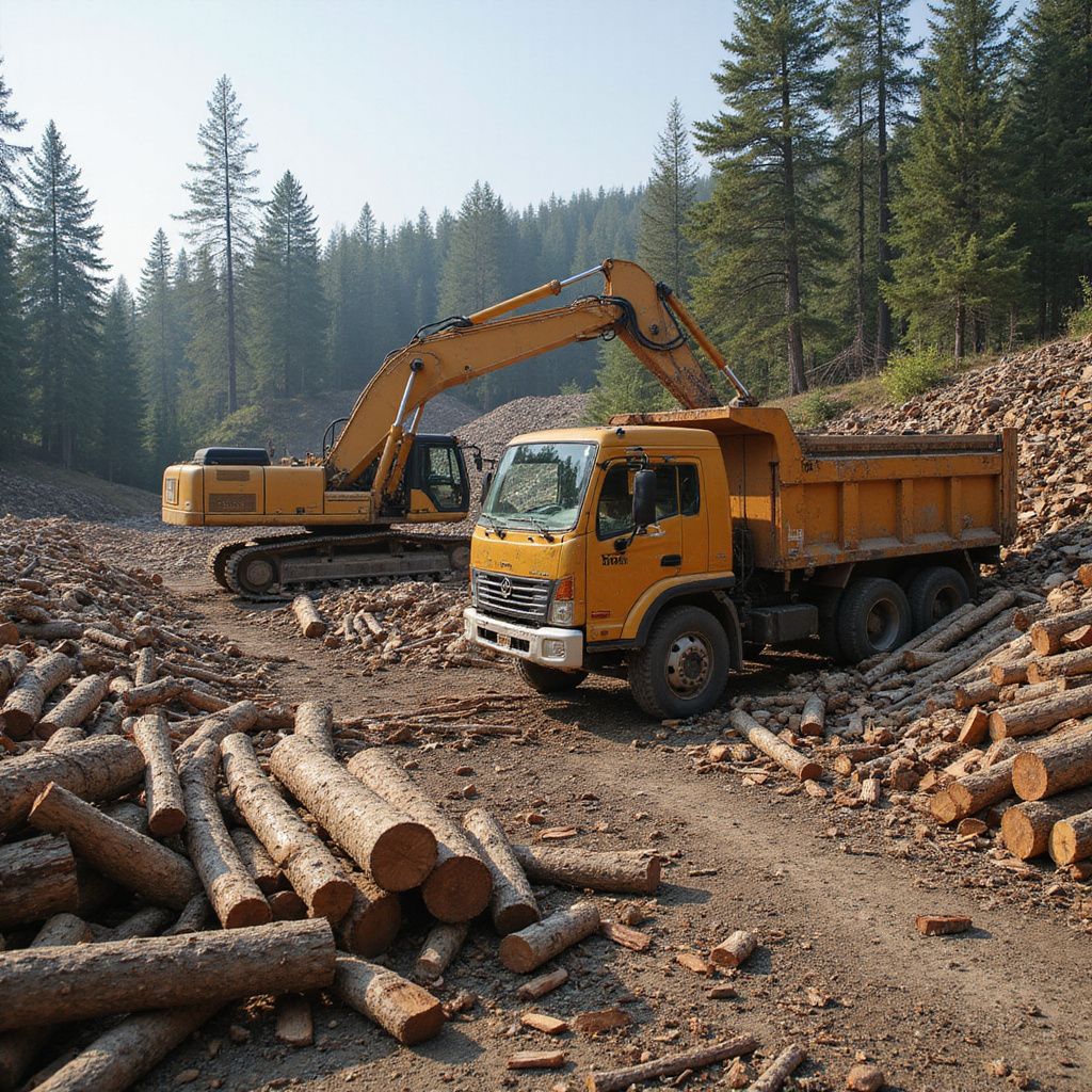 Yellow excavator loading a yellow dump truck with logs in a forest clearing.