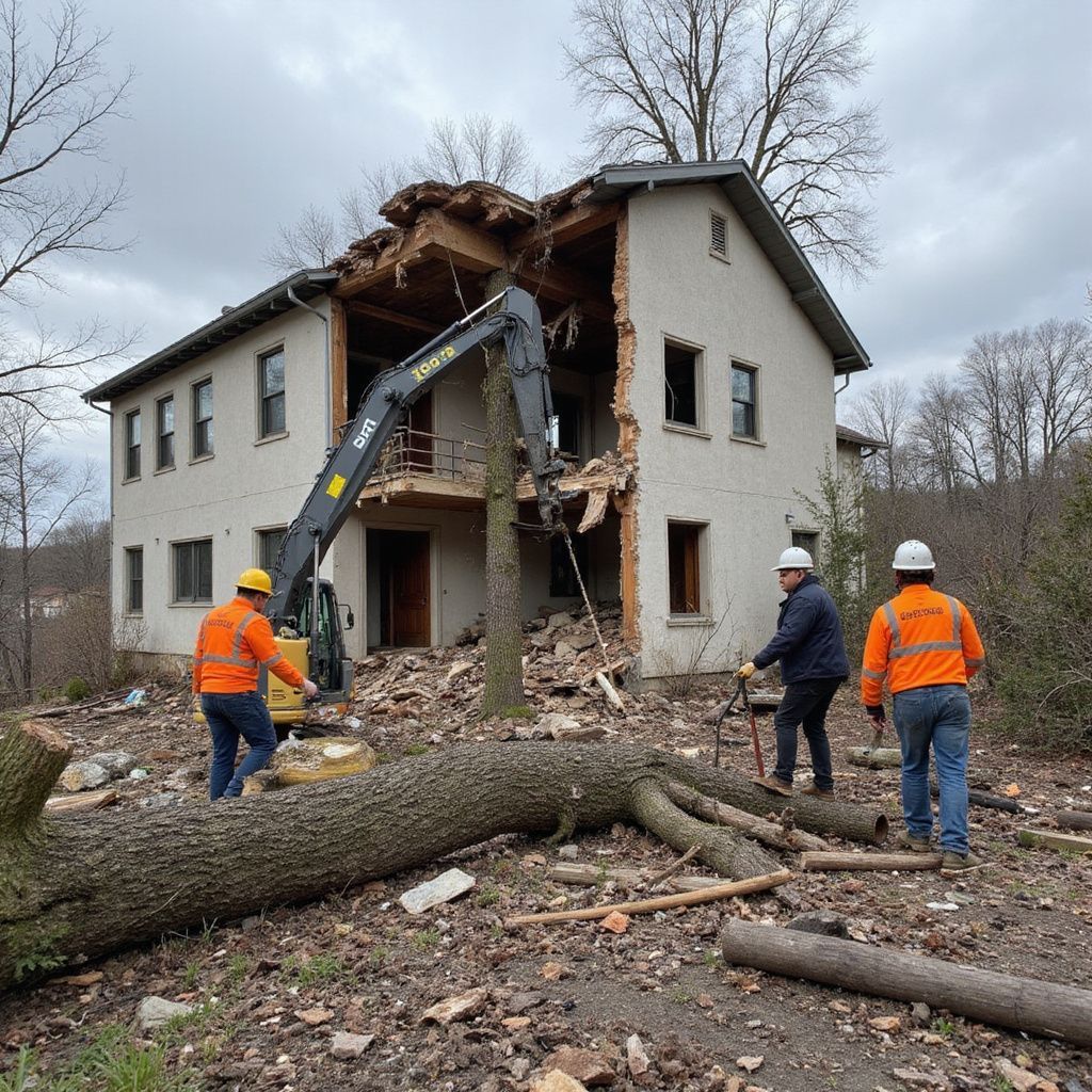 Workers demolish a two-story building with an excavator; three workers wearing hard hats and safety vests are on the ground.