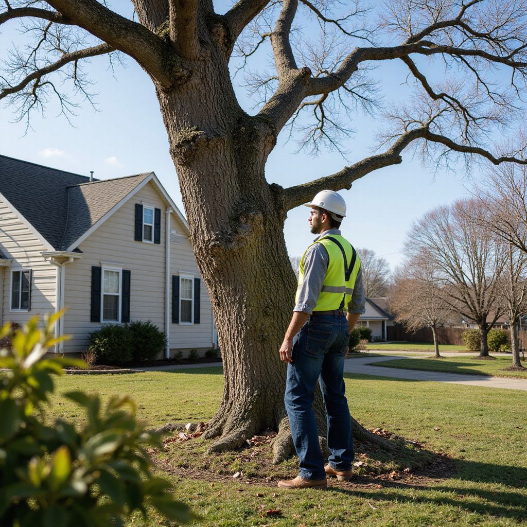 Arborist in safety gear examining a large tree in front of a house on a sunny day.