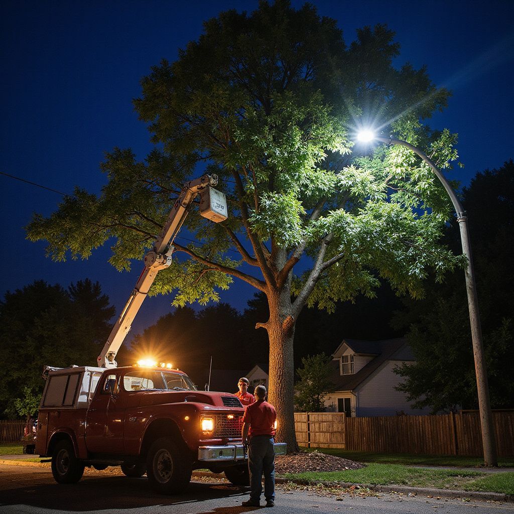 A tree trimming truck with a worker in the bucket at night, lit by the truck's headlights and a street lamp.