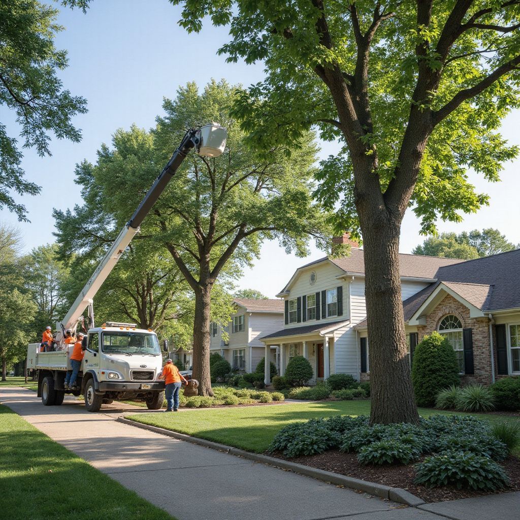 Workers in orange shirts on a truck with a lift trimming trees in a suburban neighborhood.