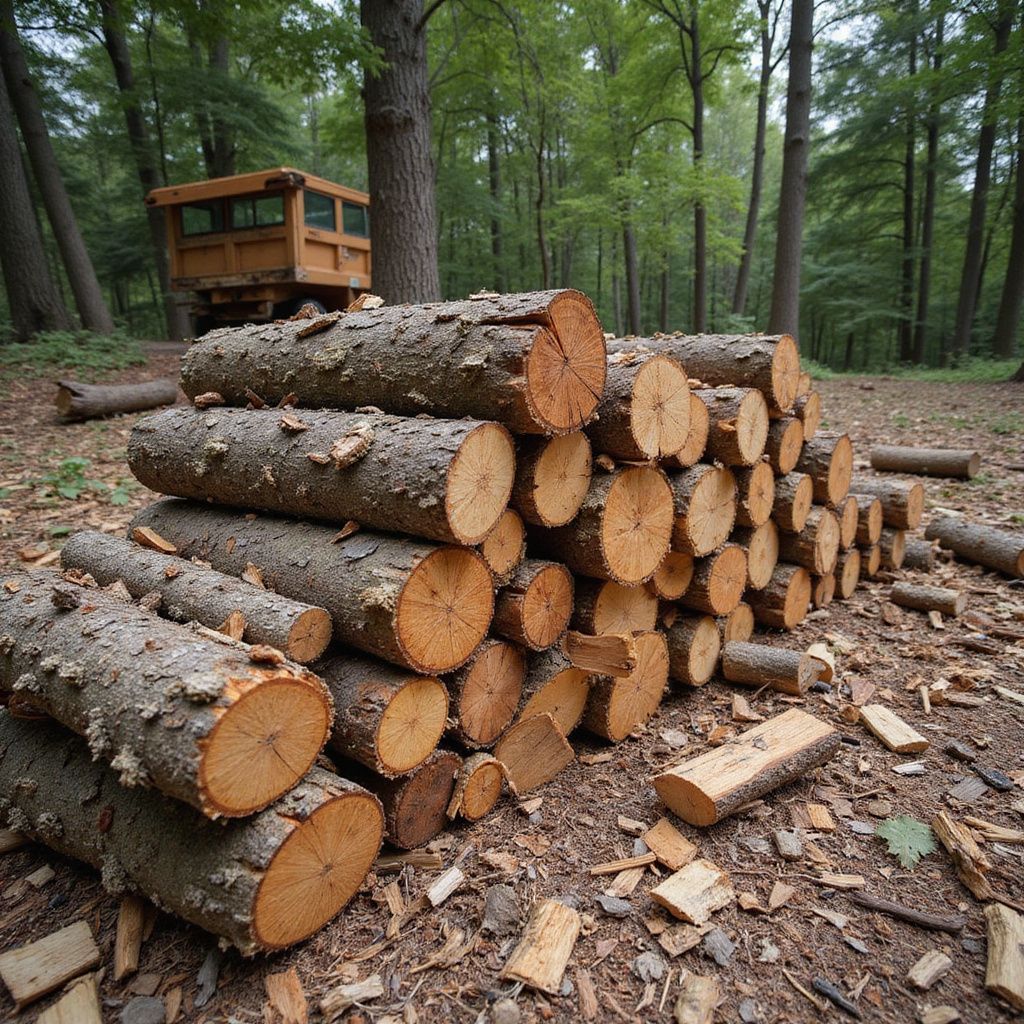 Pile of cut logs in a forest with a wooden shelter in the background.