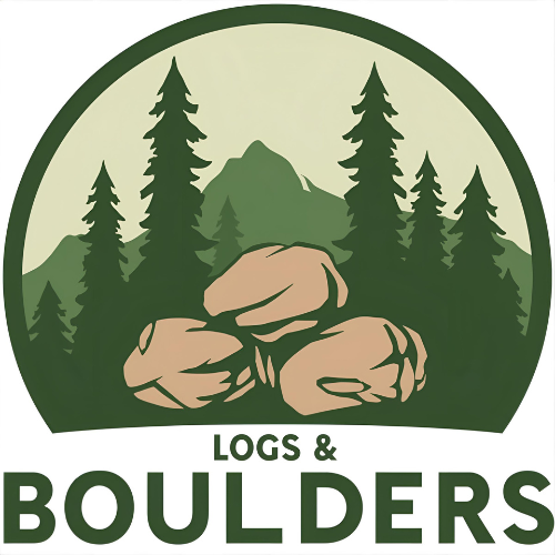 Logo: Green forest scene, boulders, pine trees, and mountain silhouette. Text: Logs & Boulders.