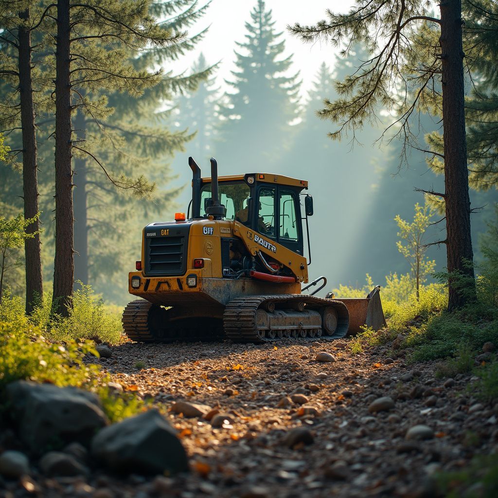 Yellow bulldozer on a rocky forest path, sunlight through trees.