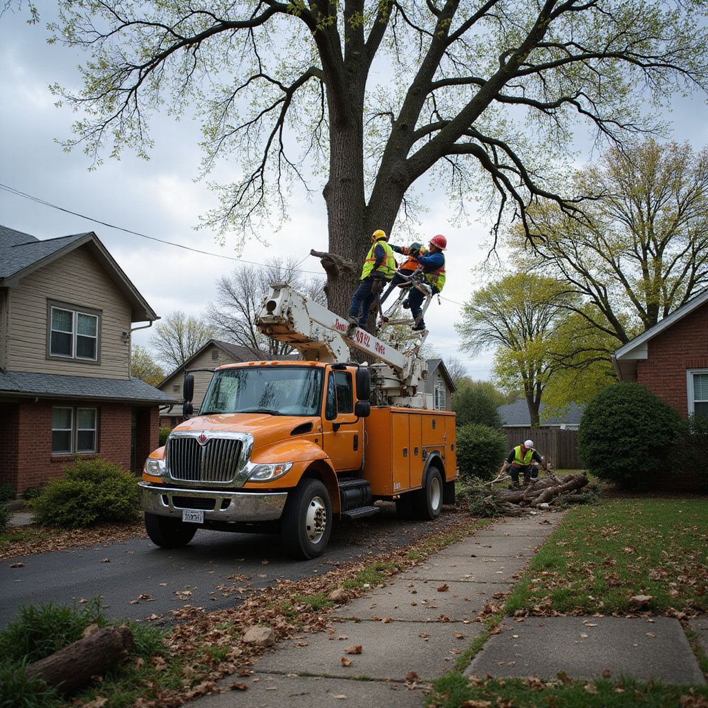 Tree trimming crew on orange truck near homes. Workers in harnesses cutting tree limbs.
