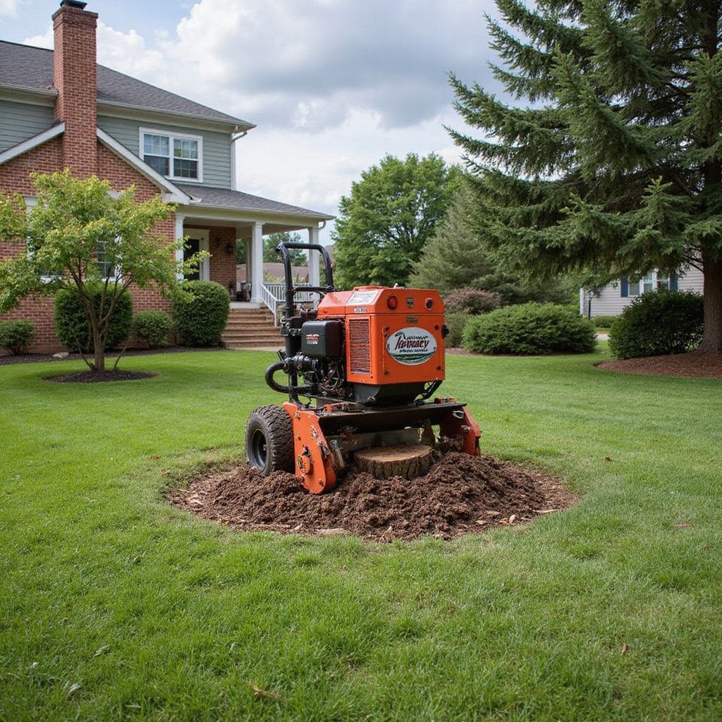 Orange stump grinder grinding a tree stump in a yard with a house in the background.