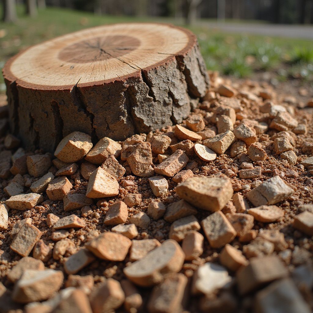 Tree stump surrounded by brown gravel on a sunny day.