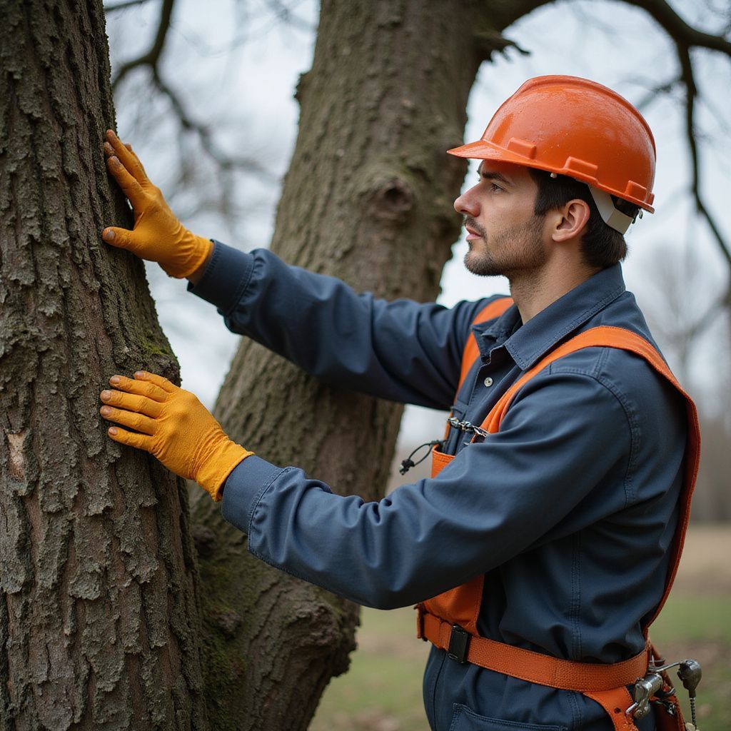 Arborist inspecting a tree, wearing a hard hat, gloves, and safety harness.