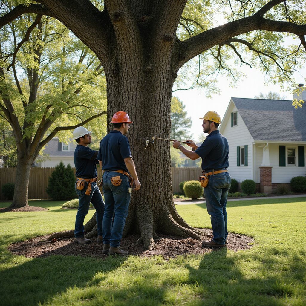 Three arborists measuring a large tree in a residential yard.