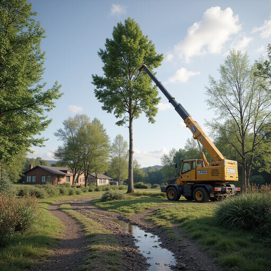 A yellow tree-cutting machine trims a tall tree in a rural landscape with a dirt road, house, and surrounding trees.