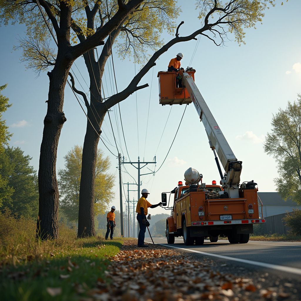 Linemen trimming a tree near power lines using a bucket truck on a road.