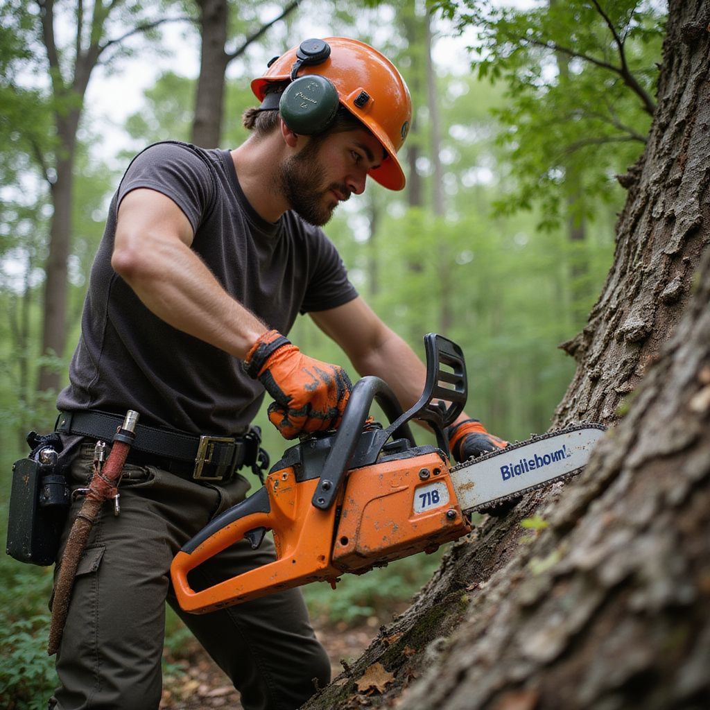 Arborist in orange hard hat and gloves using a chainsaw on a tree in a forest.