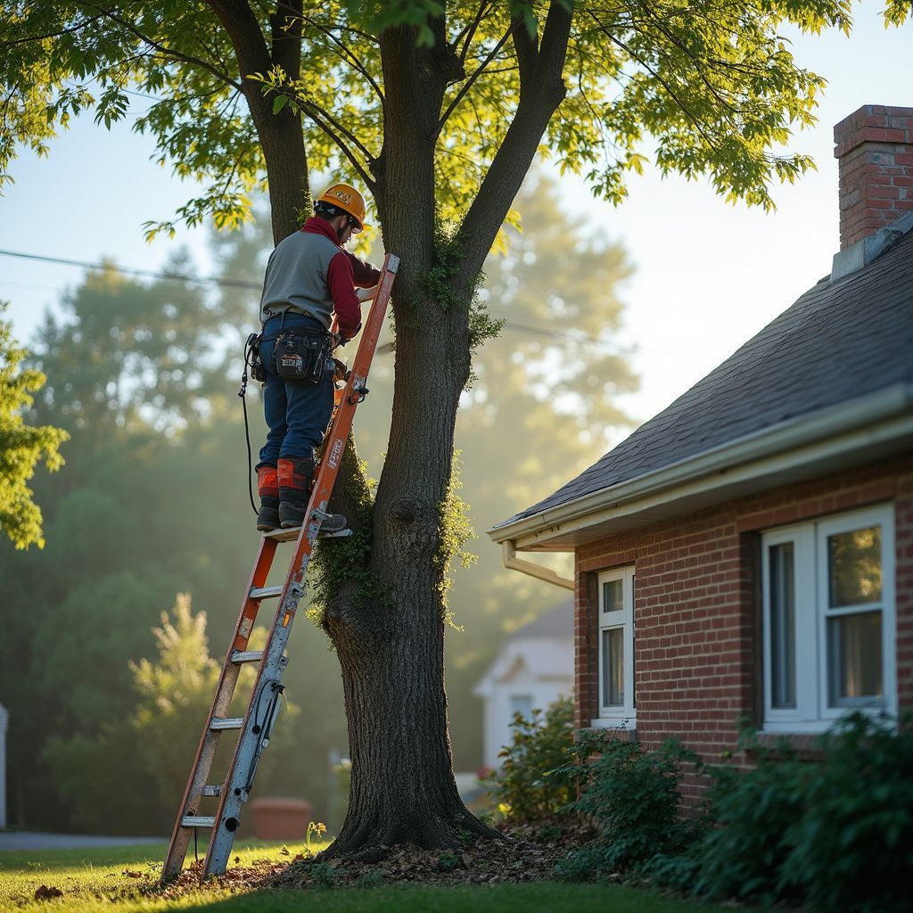 Arborist on a ladder pruning a tree near a brick house. Sunny outdoor setting.