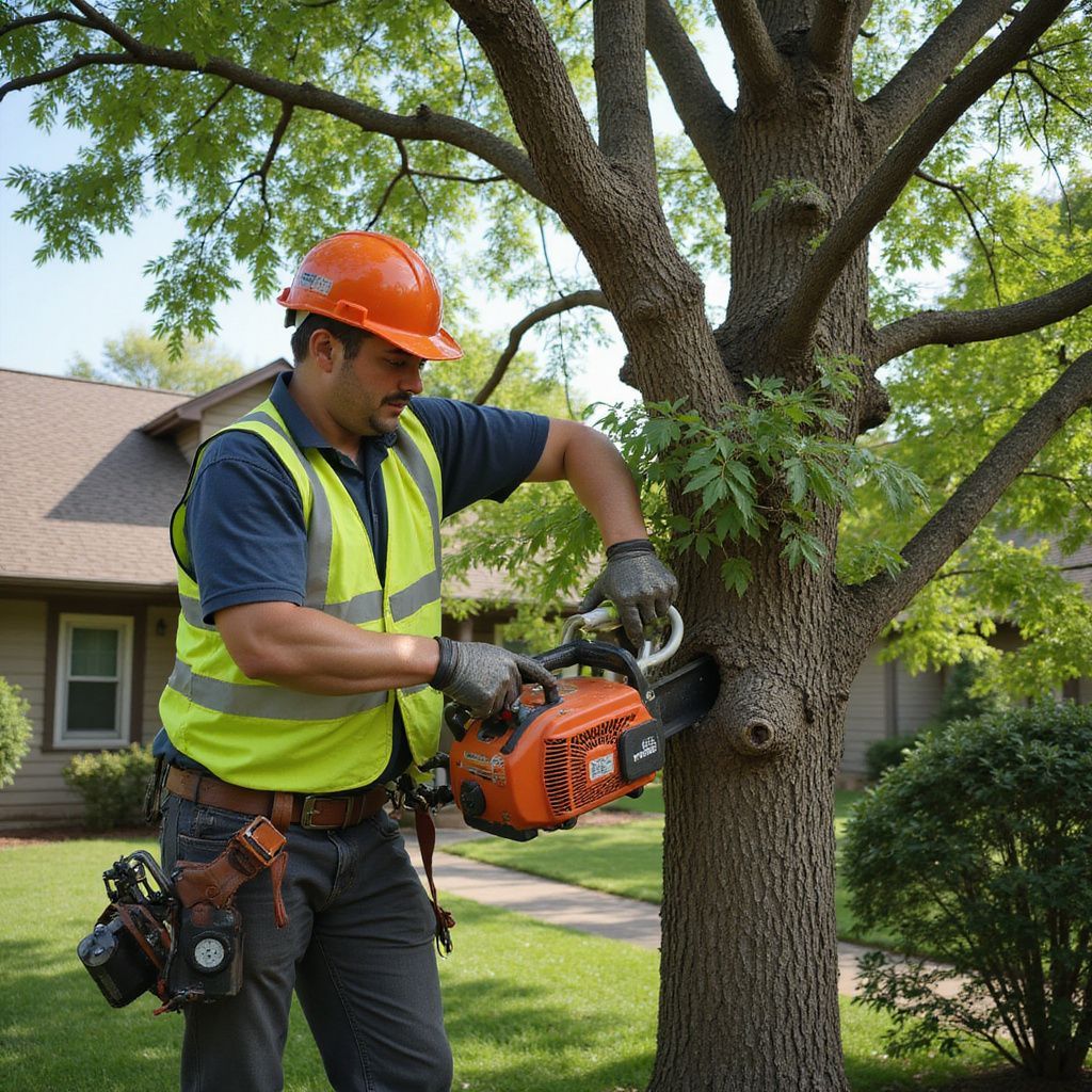Arborist in orange helmet cuts tree branch with chainsaw, wearing safety vest, outdoors.