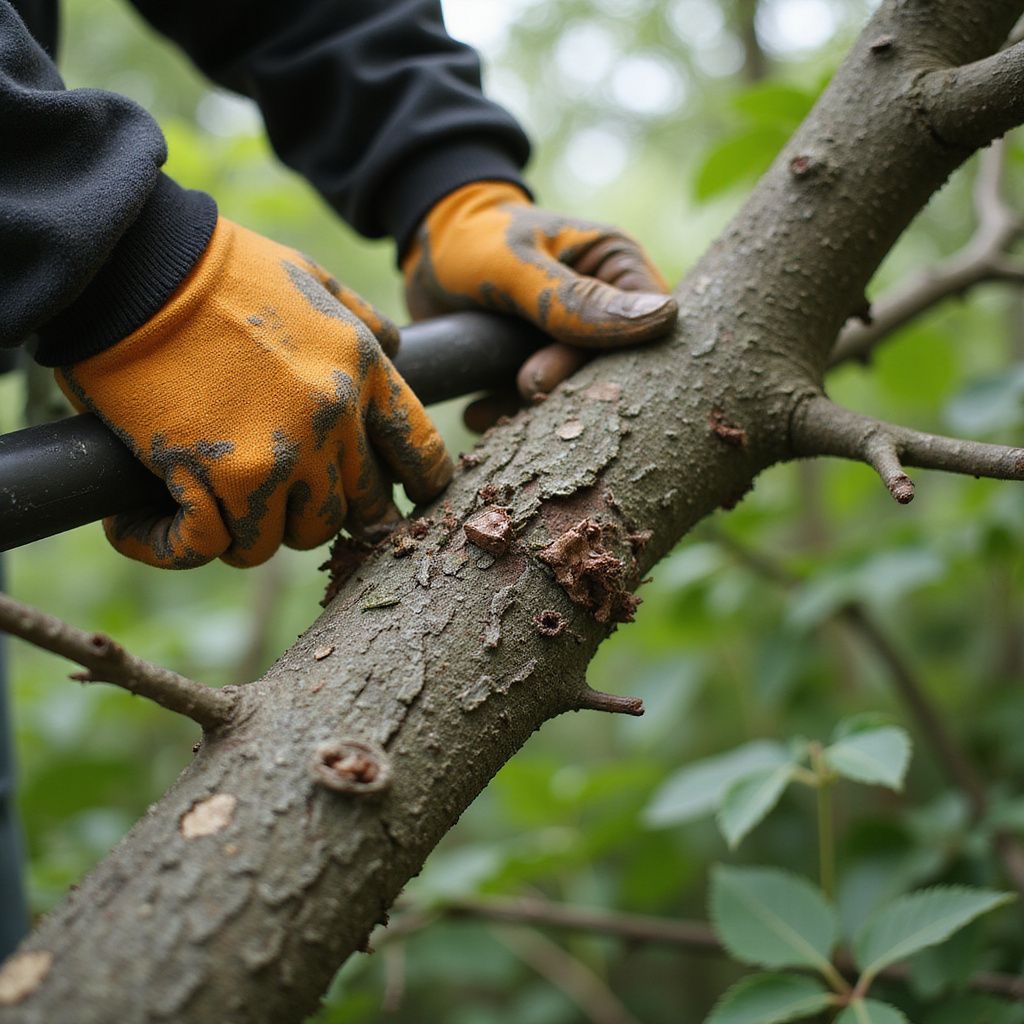 Person in orange gloves pruning a tree branch with a tool outdoors.