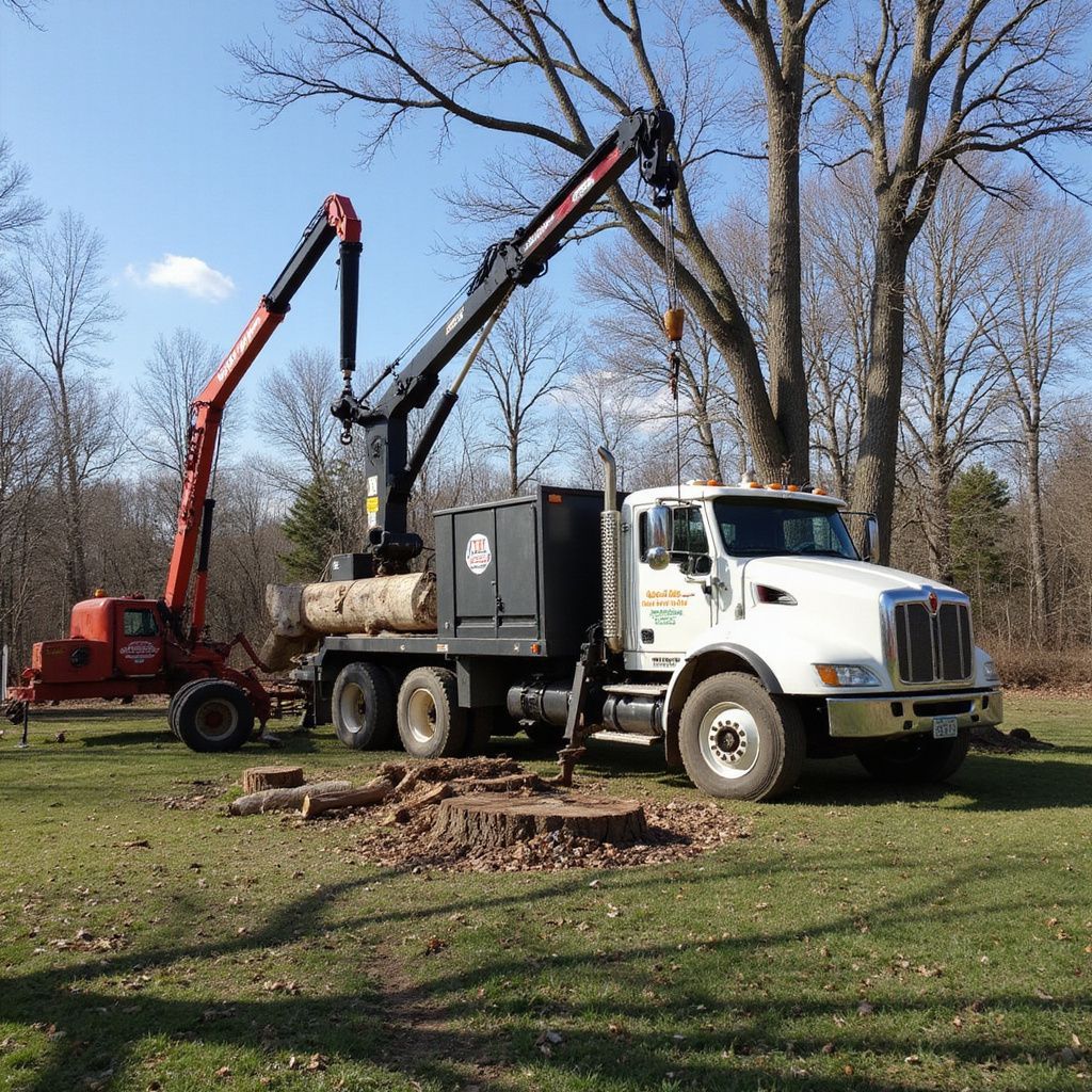 Truck with crane removing tree limbs on a sunny day. Large stump in the foreground.