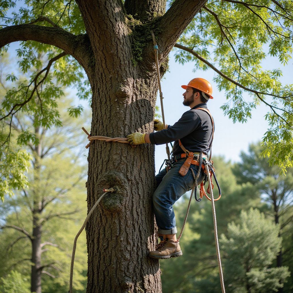 Arborist in orange helmet, climbing a tree with ropes, in a park setting.