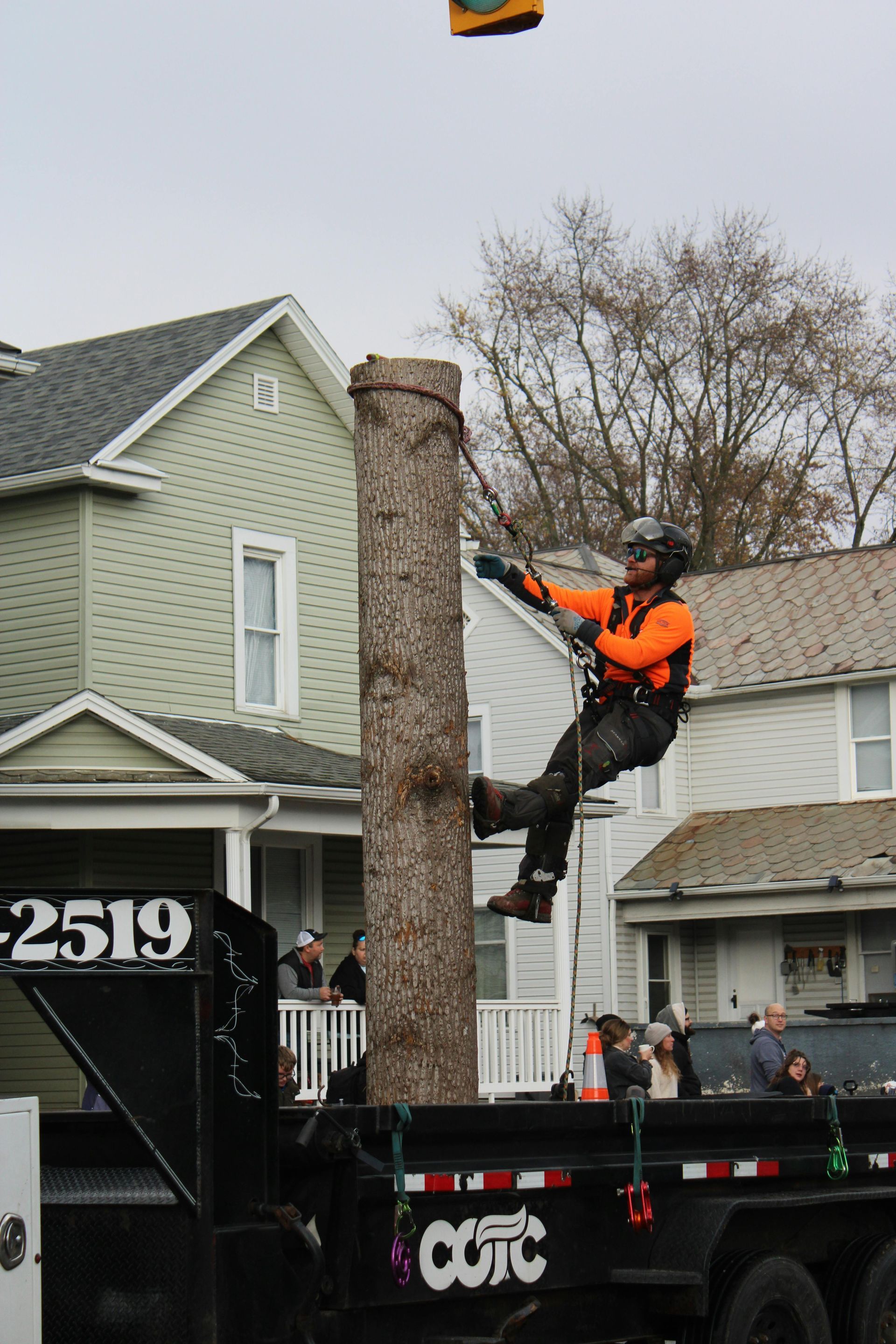 Arborist in orange suit and helmet, cutting a tree trunk, small object falling, houses and truck in background.