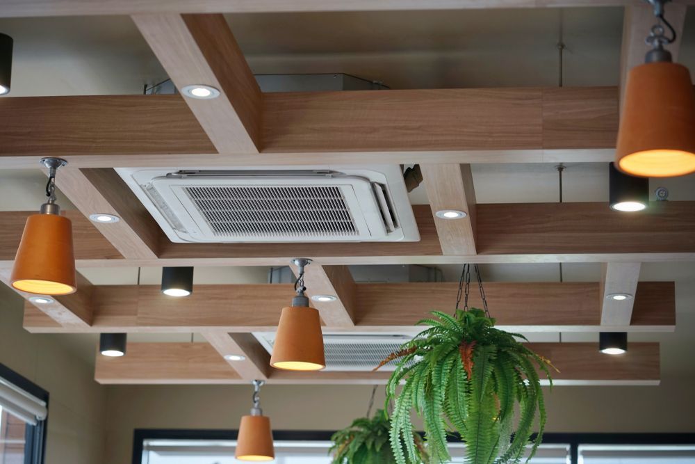 A Ceiling With Wooden Beams And Plants Hanging From It — Shop Fittings Office Furniture Materials Handling In Gosford, NSW