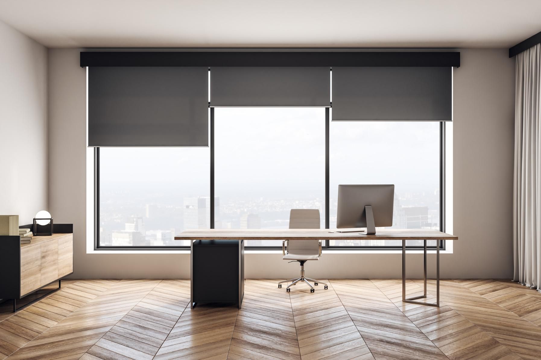 A Modern Office With A Desk, Chair, Computer And Large Windows — Shop Fittings Office Furniture Materials Handling In Gosford, NSW