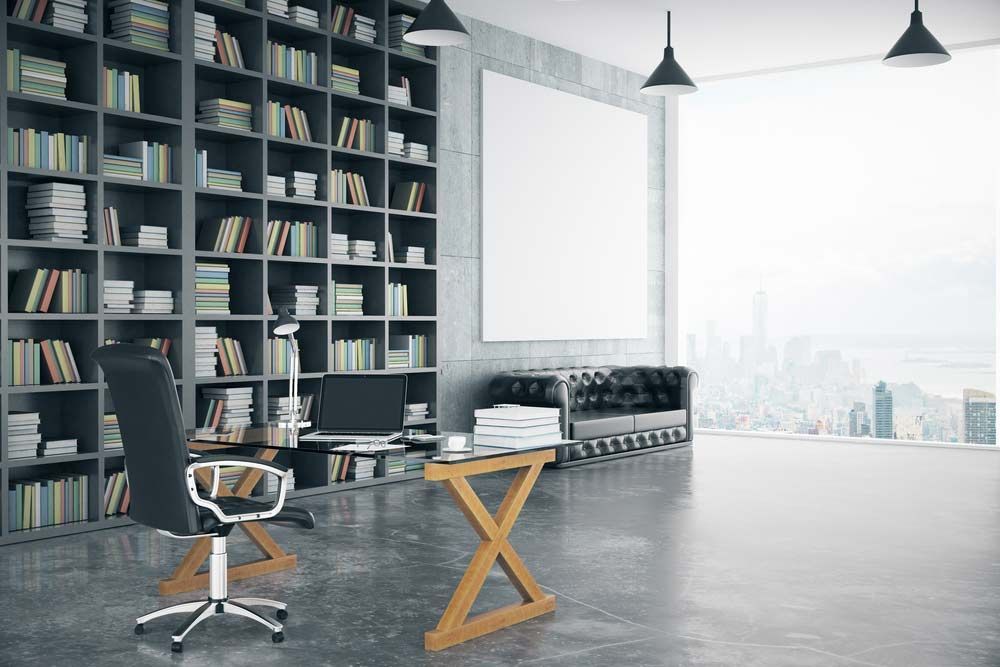 A Modern Office With A Large Bookshelf — Shop Fittings Office Furniture Materials Handling In Gosford, NSW