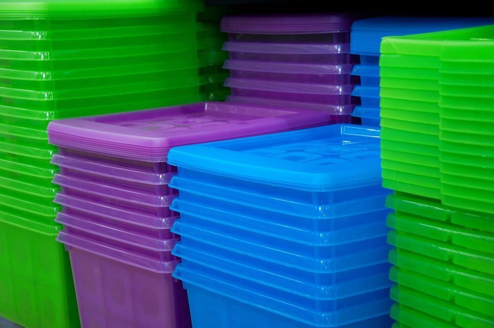 A Bunch Of Colourful Plastic Bins — Shop Fittings Office Furniture Materials Handling In Gosford, NSW