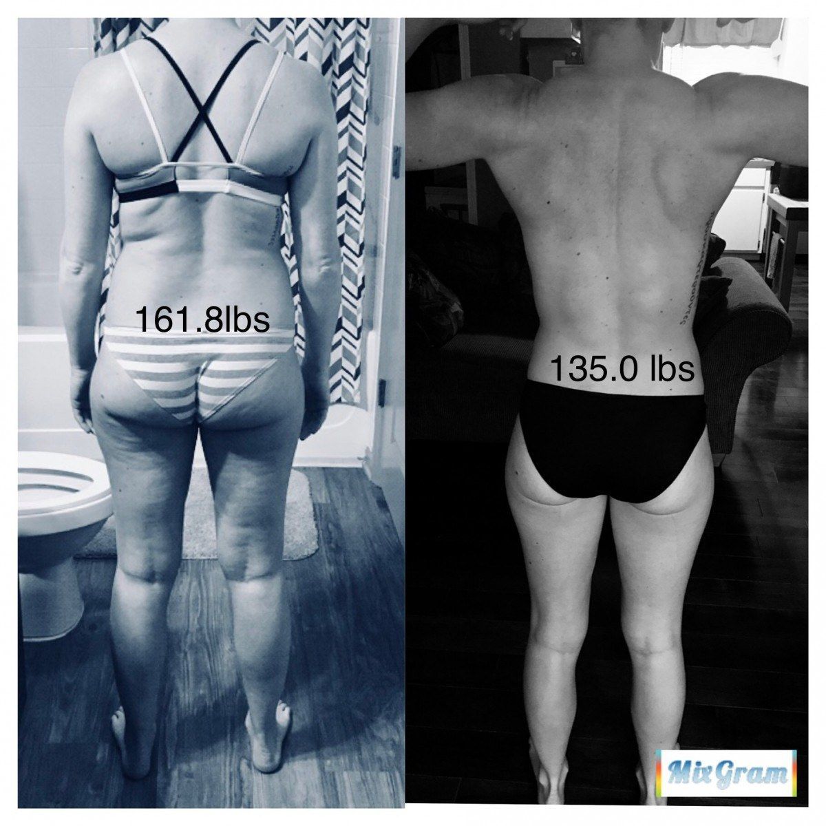Side-by-side photos show a person's back, before at 161.8 lbs and after at 135.0 lbs, revealing weight loss.