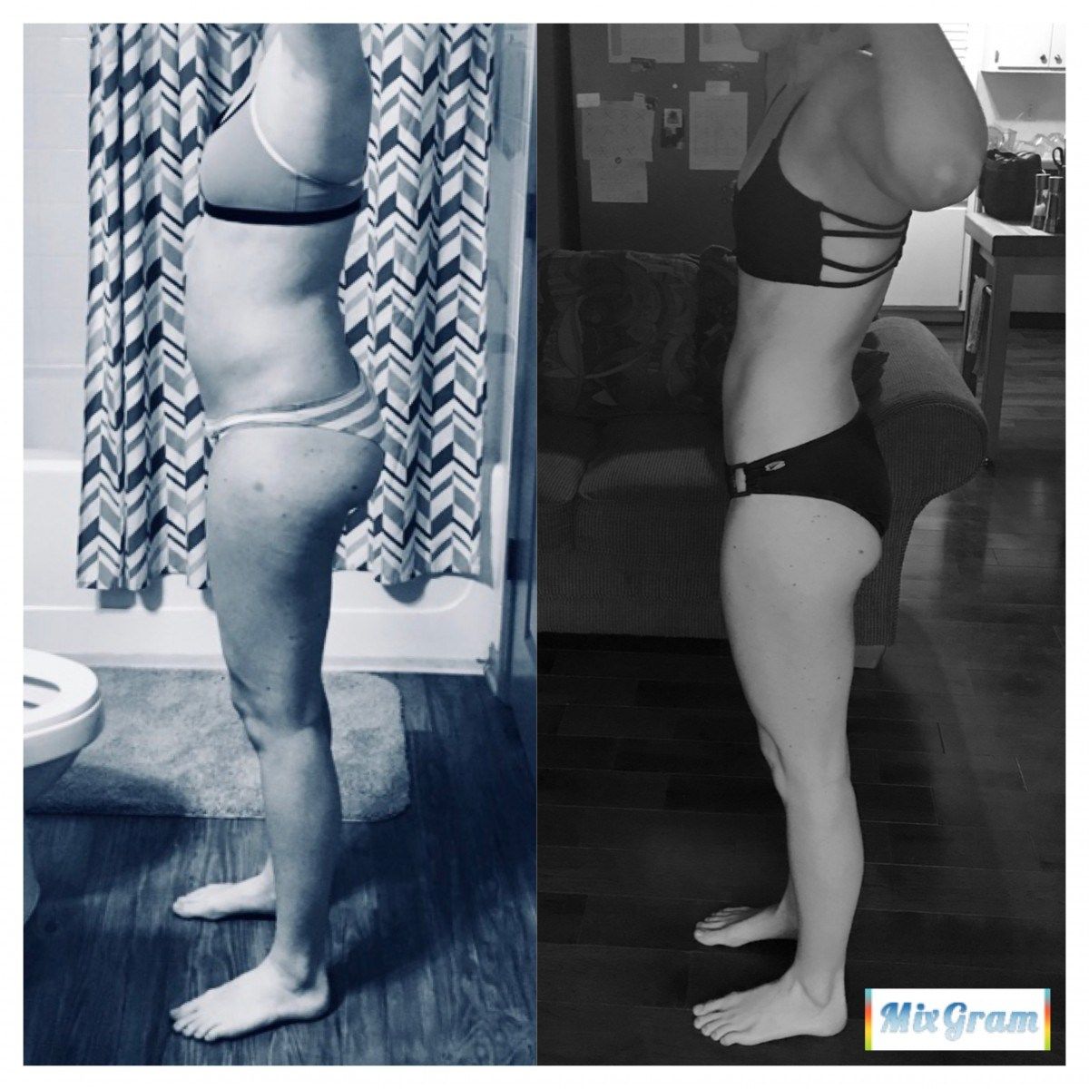 Side-by-side comparison of a person's body. Before photo shows a softer physique, after photo shows a more toned physique.