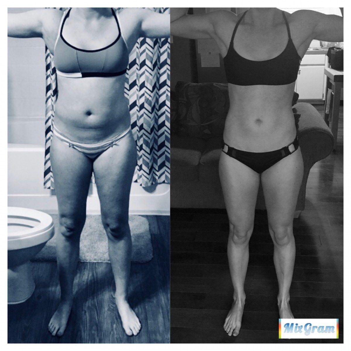 Before and after photos. Person in workout attire, showing body transformation.